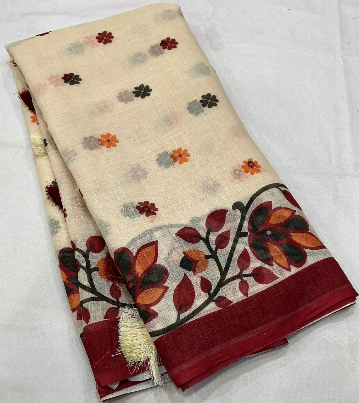 Linen Jamdani Style Printed Saree - Off White